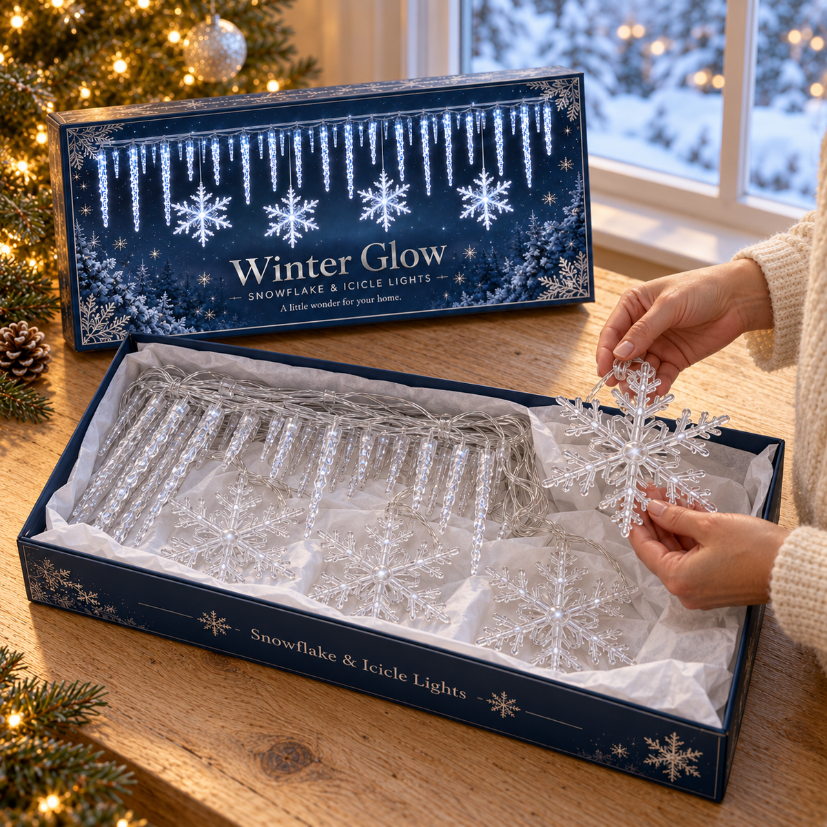 An open Winter Glow box with clear snowflake and icicle lights