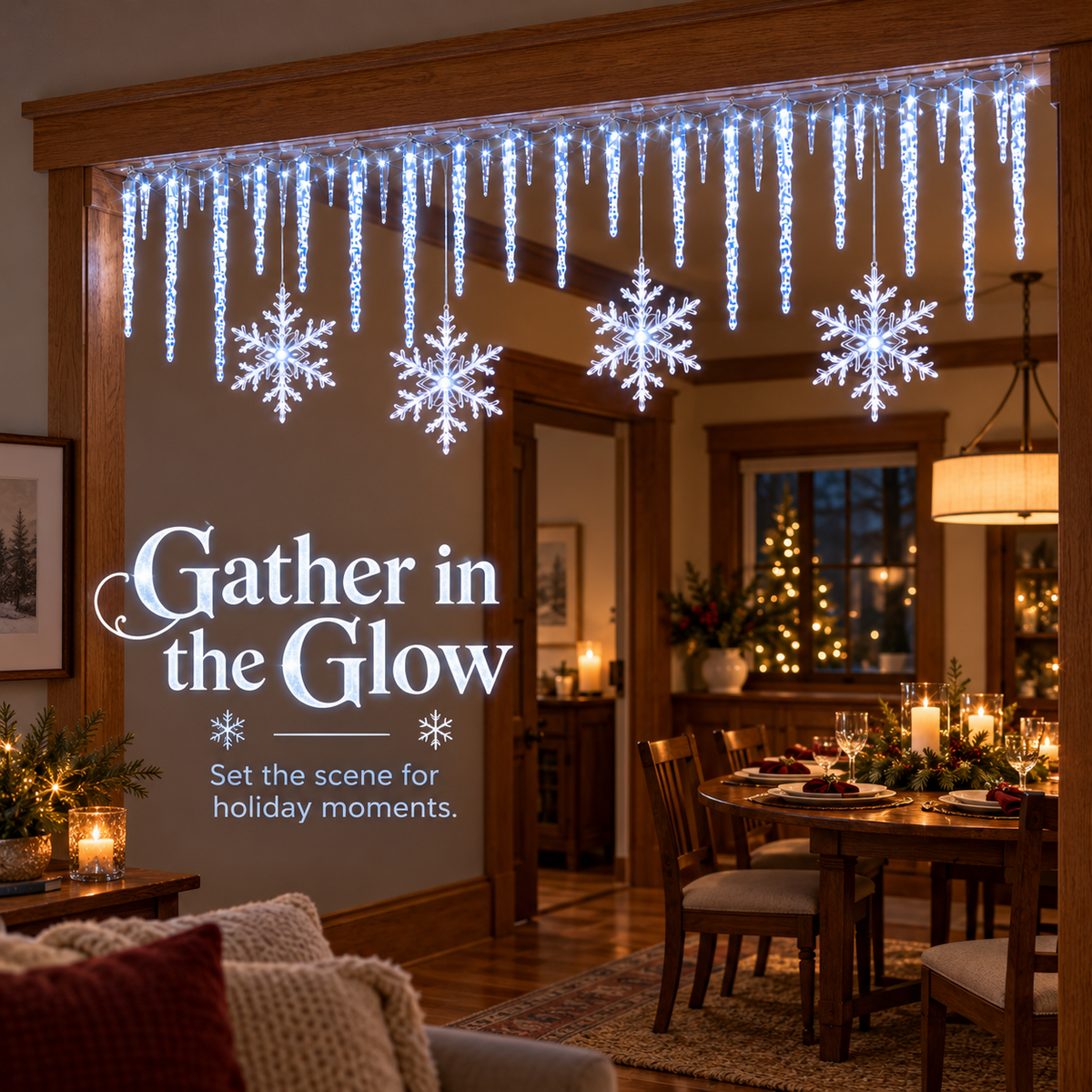 Snowflake and icicle lights above a dining room doorway