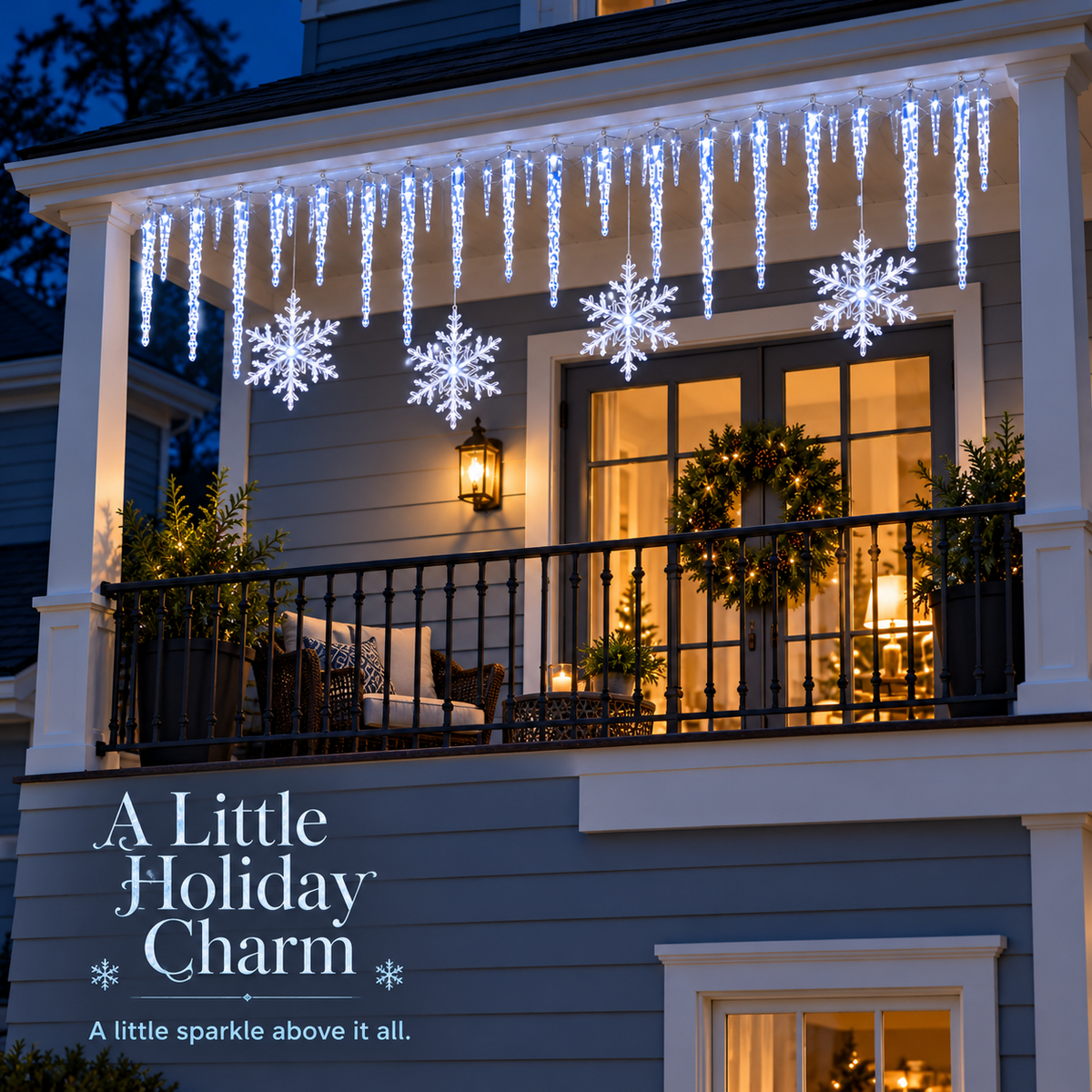 A balcony decorated with Winter Glow lights