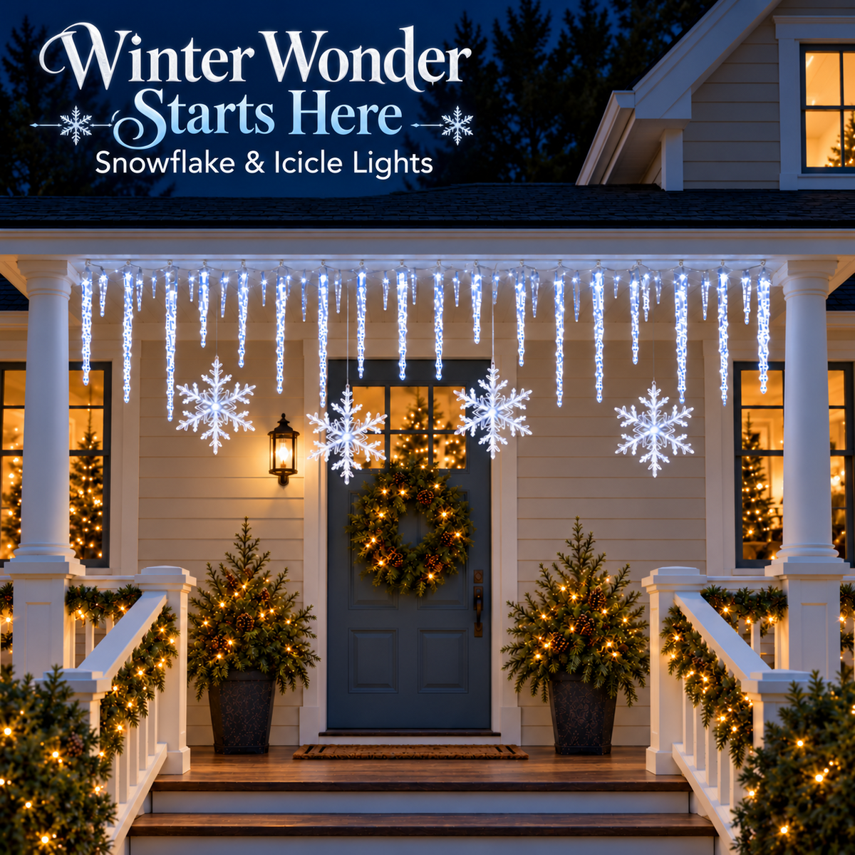 A festive front entrance with glowing snowflakes