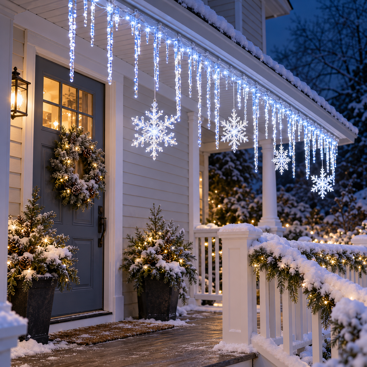 An angled view of the lights along a snowy porch