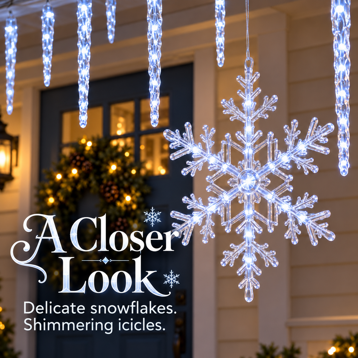 A close view of a clear snowflake and textured icicles