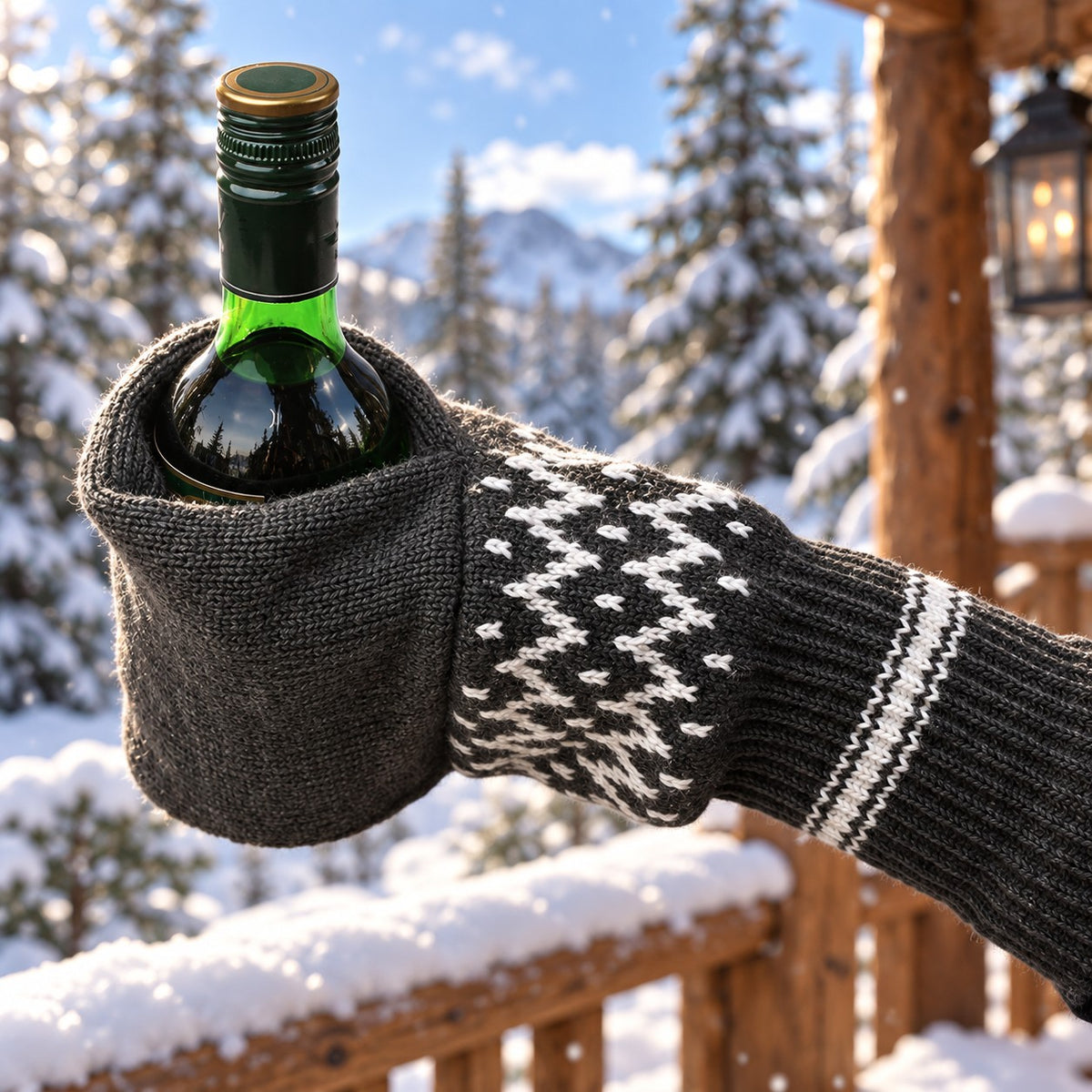 Black Nordic drink mitten holding a bottle on a snowy cabin porch